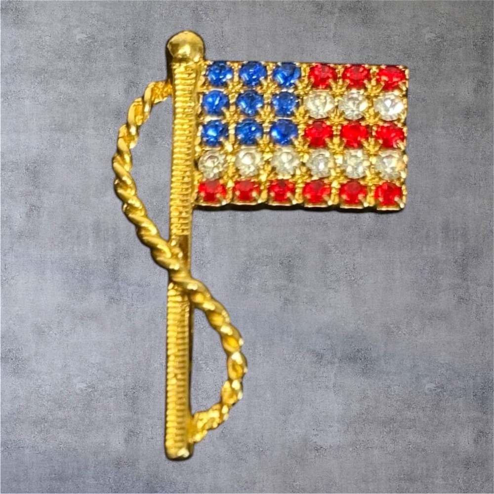 Vintage Style American Flag Tie Tack Lapel‎ Pin Gold Tone Rhinestone USA